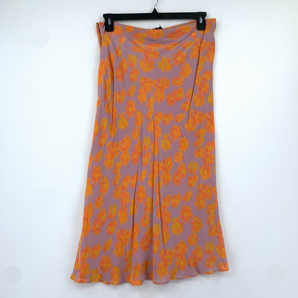 Veda Womens Floral Midi Skirt Size 10 Orange High Waist Flowy Summer Spring‎